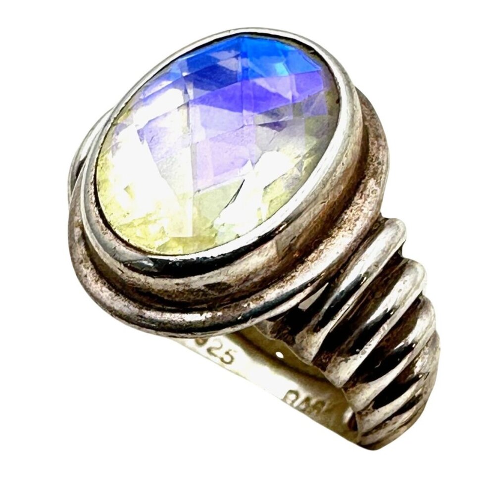 BASK 925 Sterling Silver Opalescent Gesmtone Ring Size 7  Weight 8 Grams